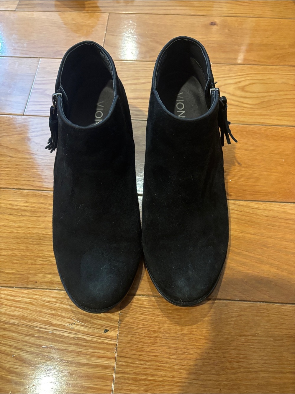 Vionic Black Suede Tassel Ankle Booties